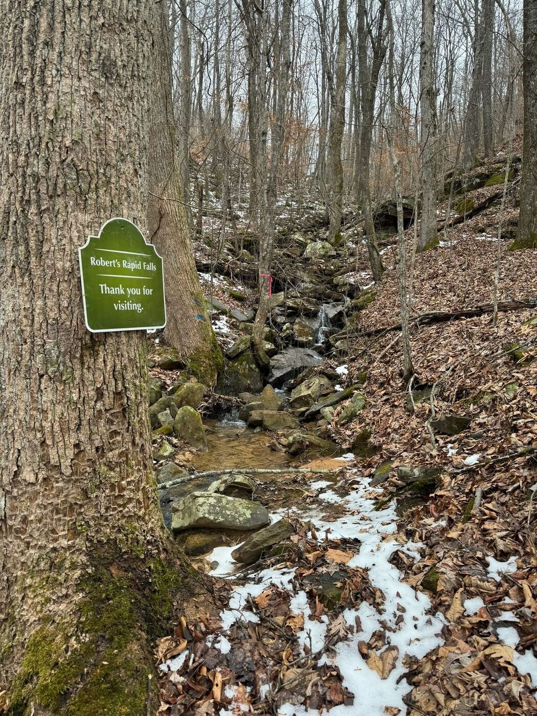 Robert's Rapid Falls trail marker beside a small creek waterfall on the Sasquatch Farm property