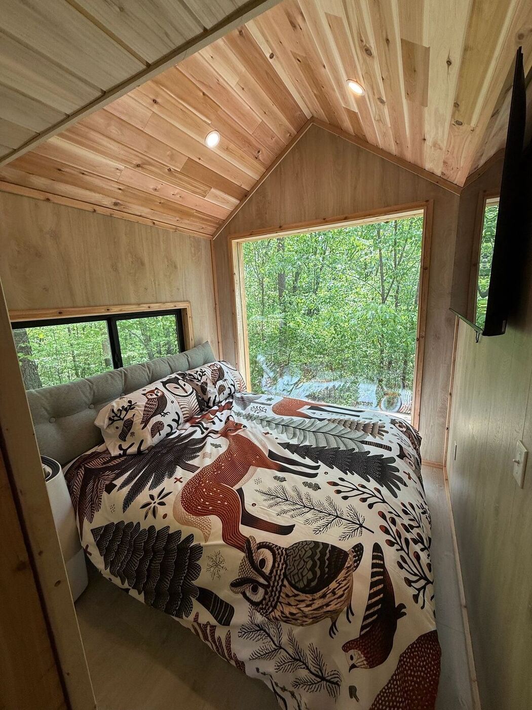 Cozy Nordic cabin interior with a forest view at Sasquatch Farm RV Park