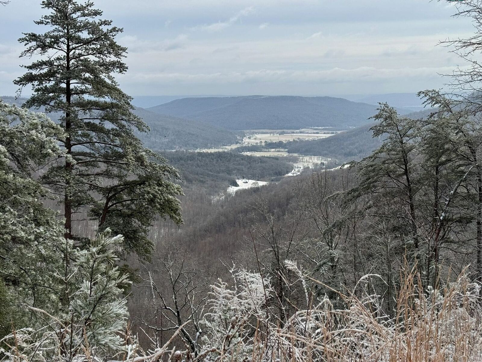 Wide bluff overlook of the valley from the ridge at Sasquatch Farm RV Park