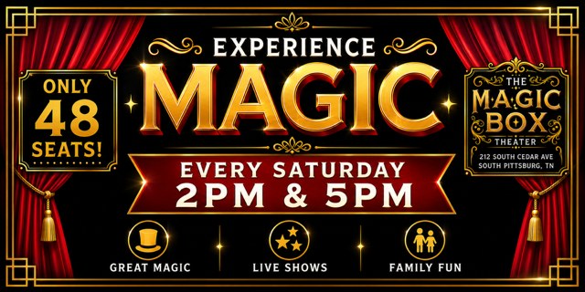 The Magic Box Theater banner: Experience Magic every Saturday at 2 PM and 5 PM, only 48 seats, 212 South Cedar Ave, South Pittsburg, TN