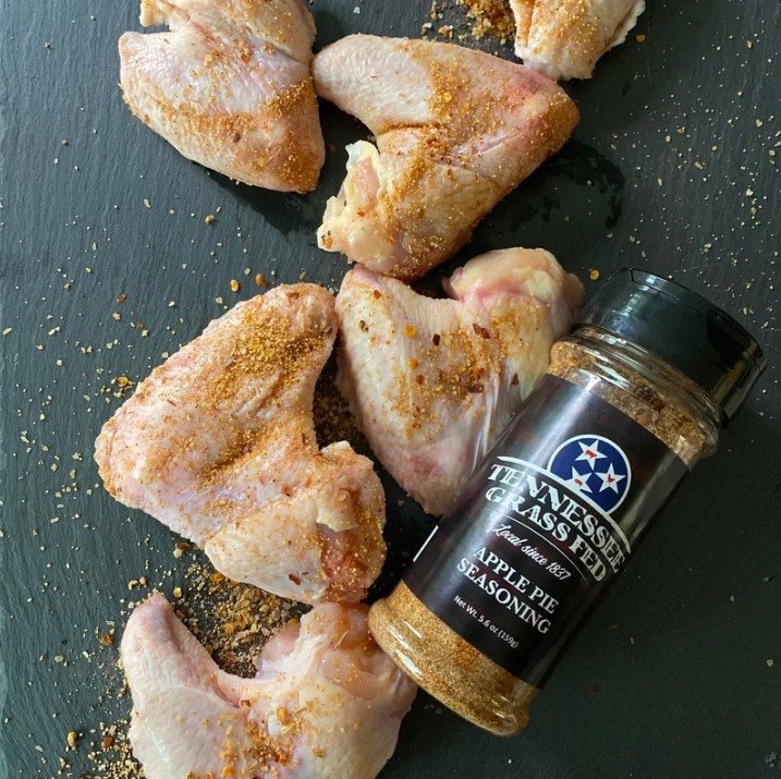 Tennessee Grass Fed chicken wings seasoned with apple pie rub